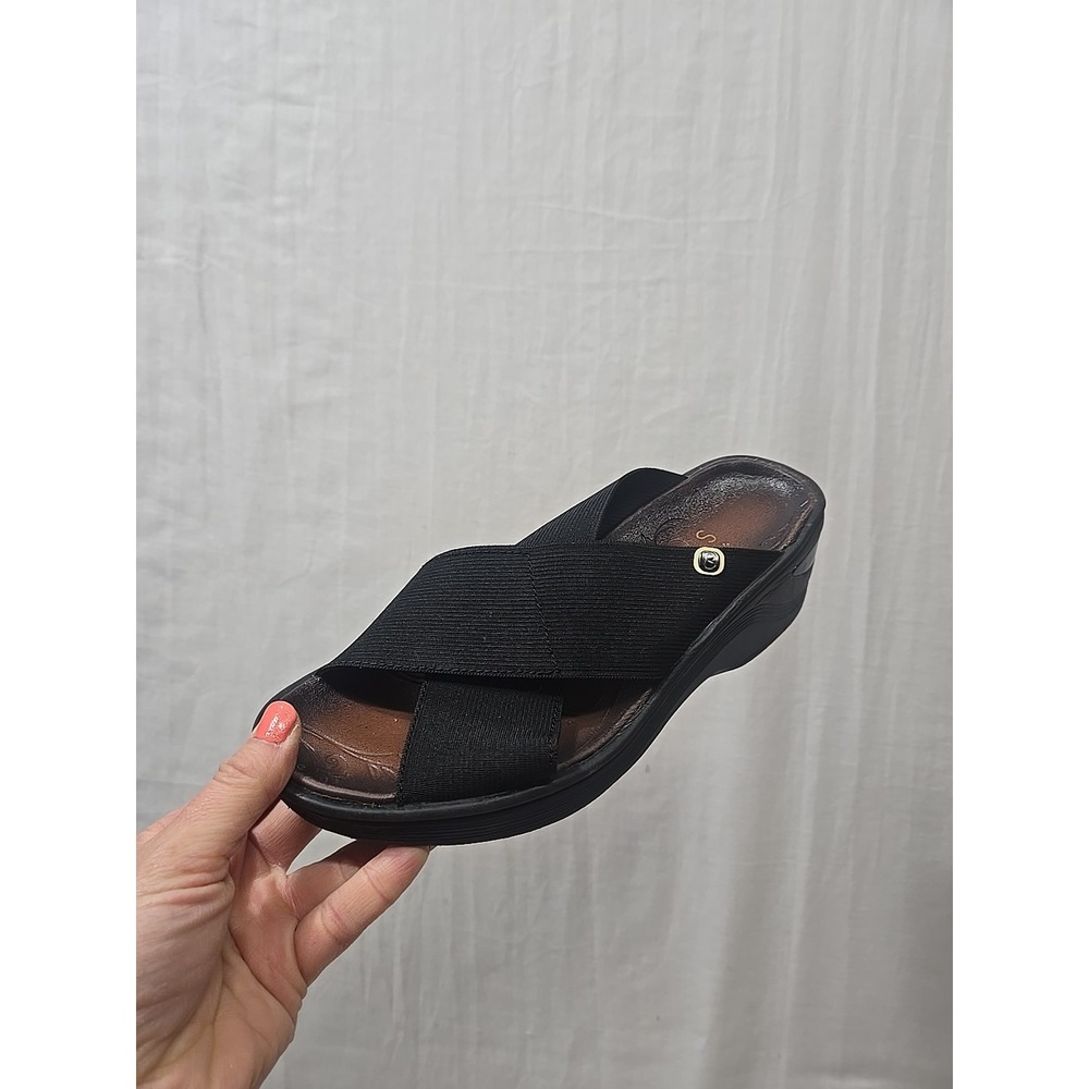 Bzees‎ Desire Womens Size 7 M Black Slip On Cross Strap Comfort Wedge Sandals